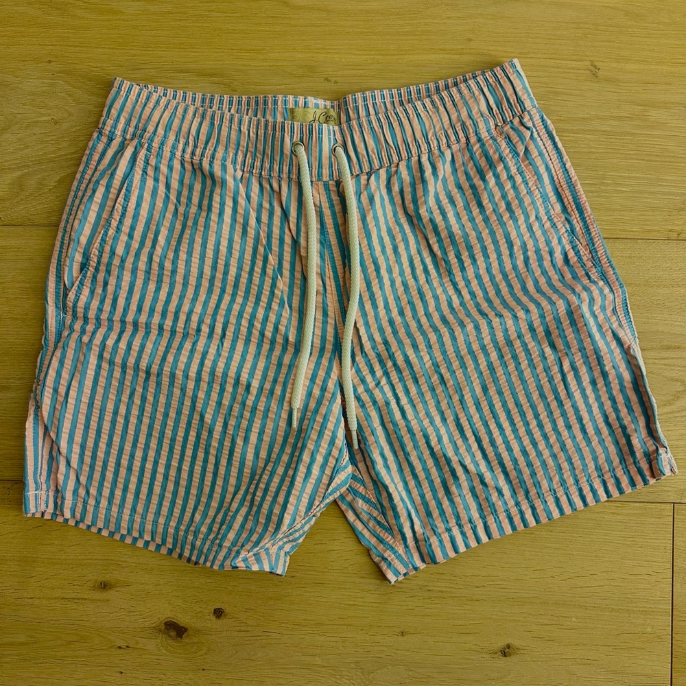 JCREW 6" swim trunk in seersucker PINK / BLUE Small